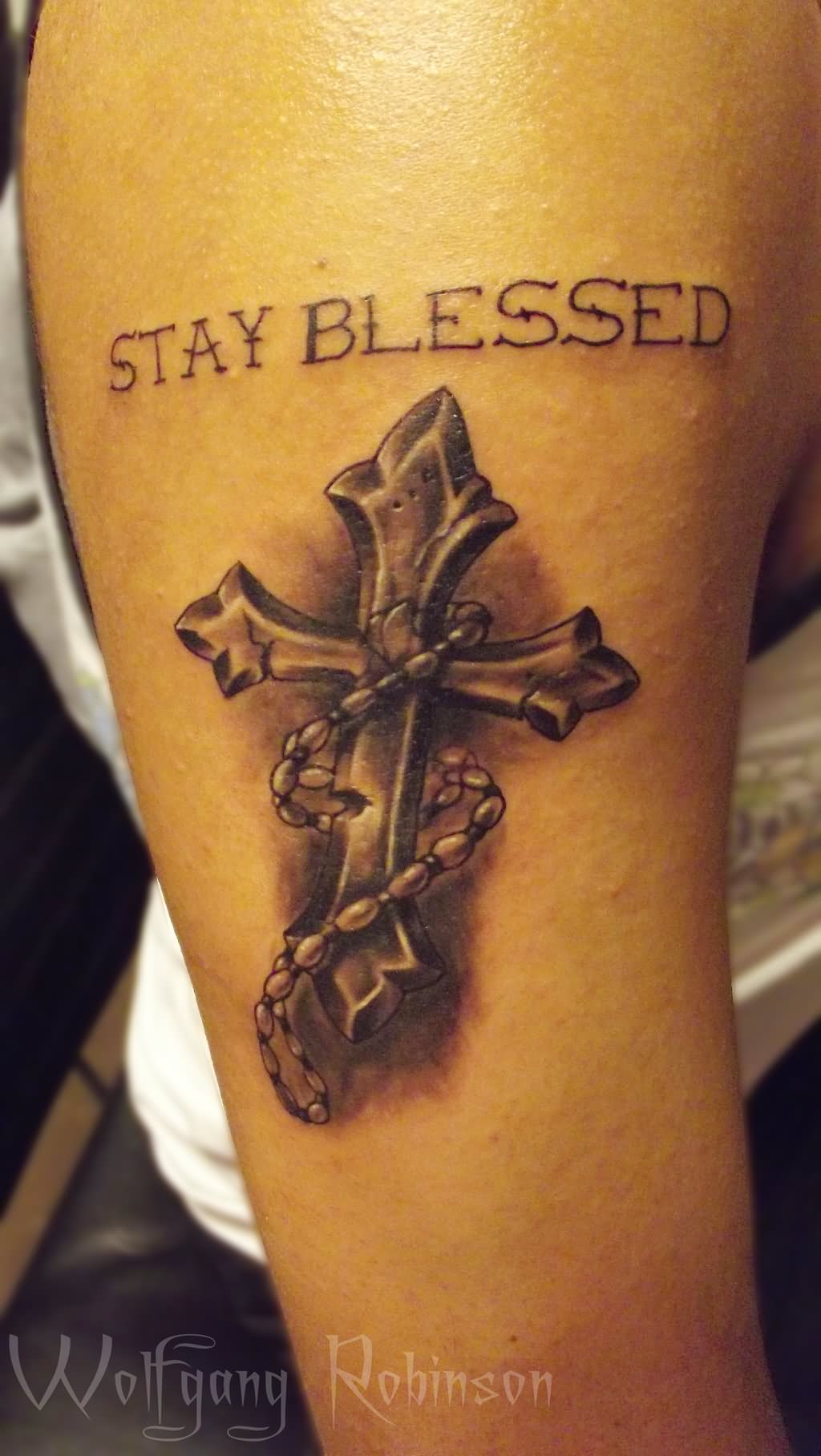 Stay Blessed - 3D Rosary Cross Tattoo On Half Sleeve