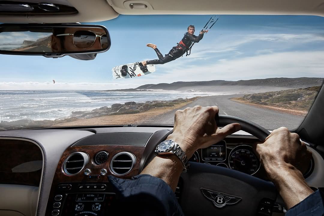 Surfing Flying Man Front Of Car Funny Situations Picture