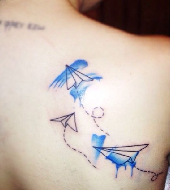Three Paper Airplane Tattoo On Right Back Shoulder