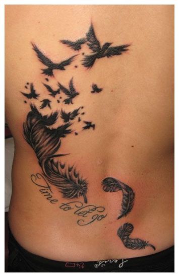 Time To Let Go - Feathers With Flying Birds Tattoo On Full Back