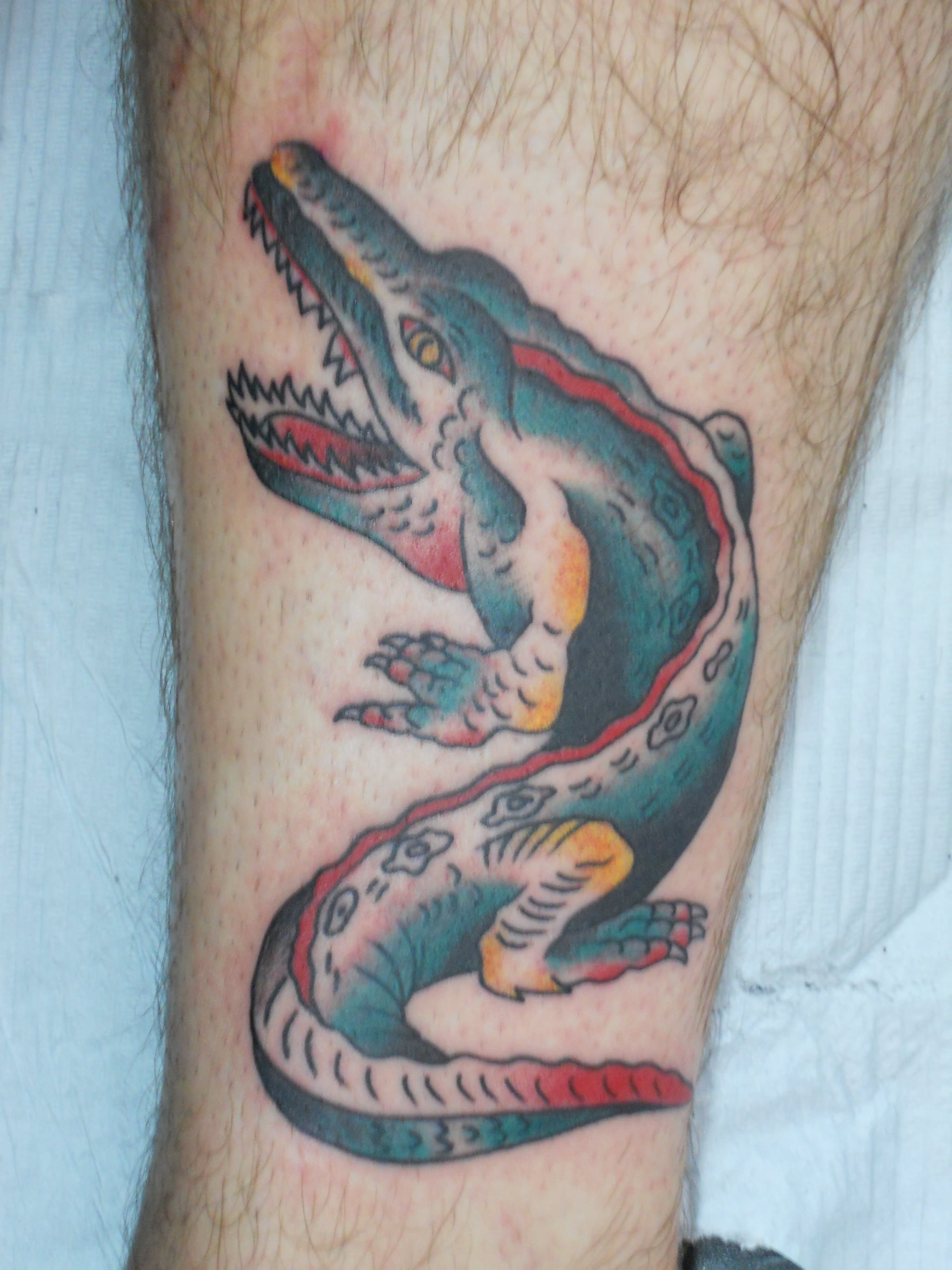 Traditional Colorful Alligator Tattoo Design For Leg
