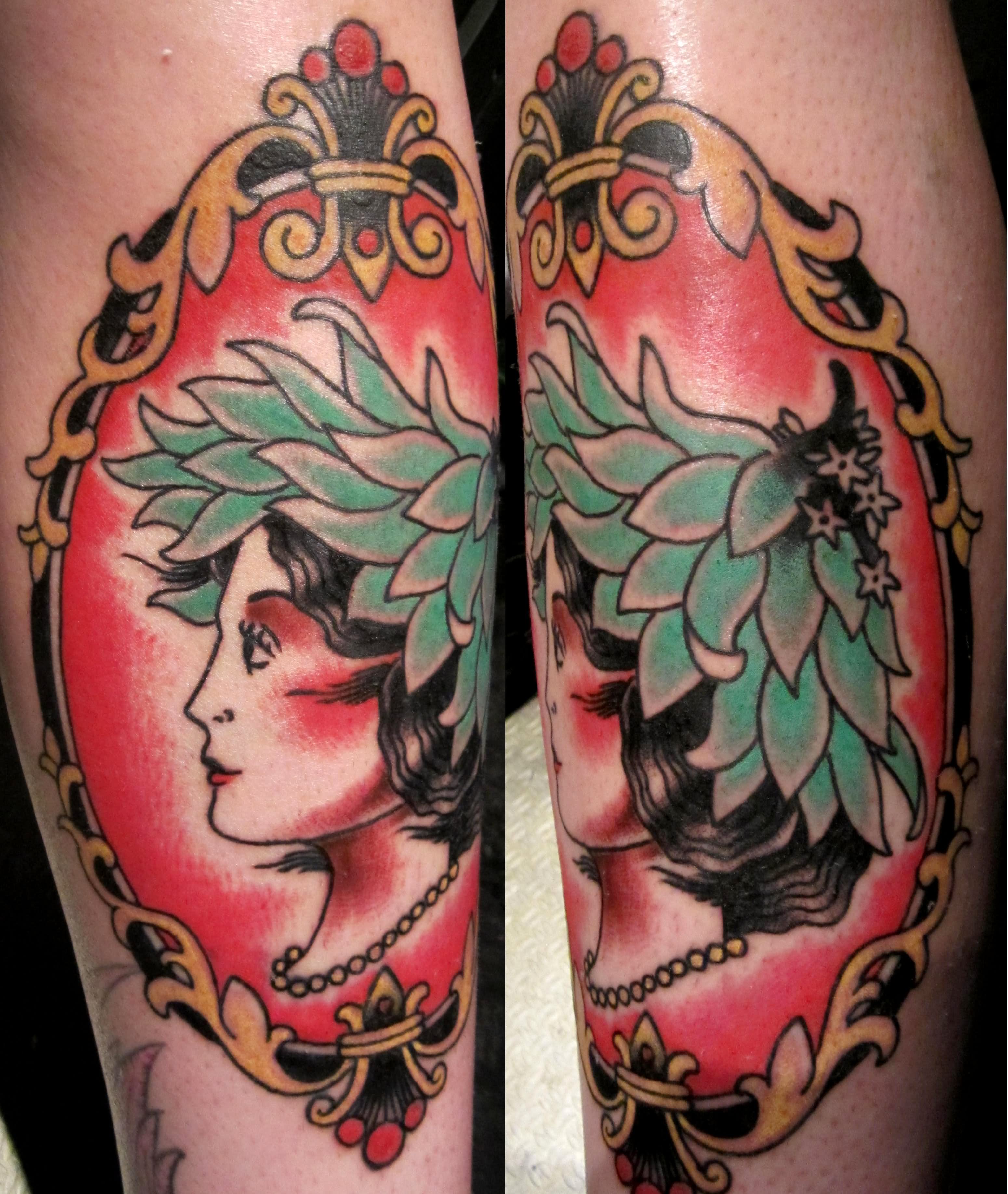 Traditional Girl Head In Frame Tattoo Design For Forearm