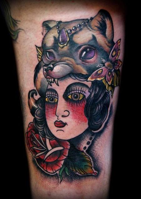 Traditional Lady With Raccoon Tattoo Design Idea