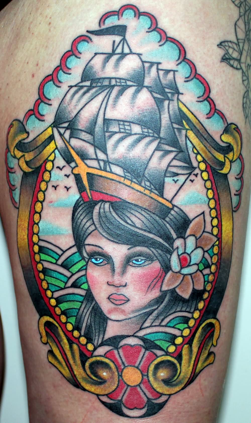Traditional Ship On Girl Head In Frame Tattoo Design For Thigh