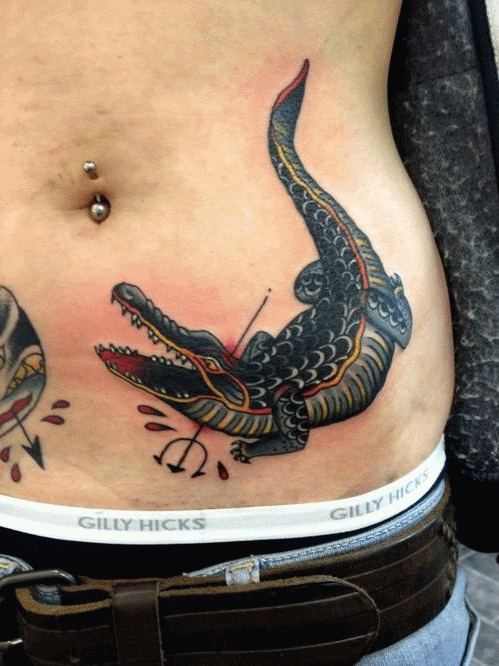 Traditional Trident In Alligator Head Tattoo On Waist