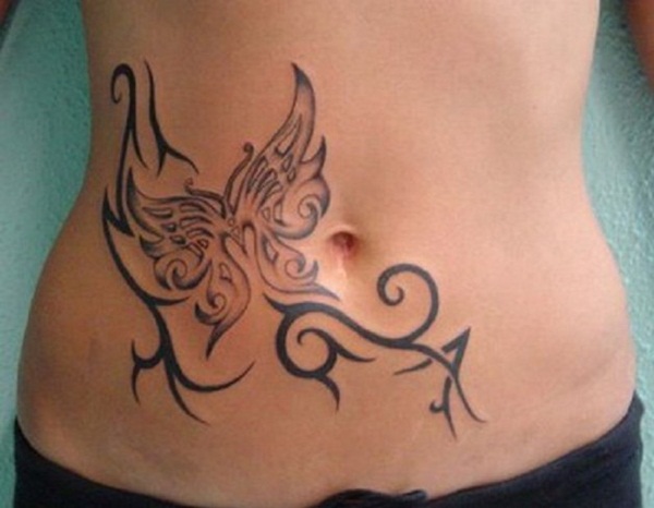 Tribal And Butterfly Tattoo On Girl Waist