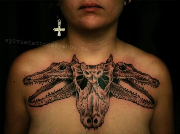 Two Alligator Skull With Pig Skull Tattoo On Girl Collarbone