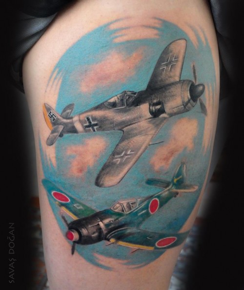 Two Flying Airplane Tattoo Design For Thigh