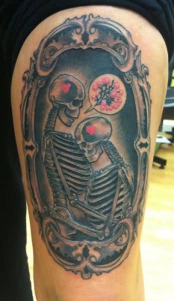 Two Skeleton In Frame Tattoo Design For Thigh