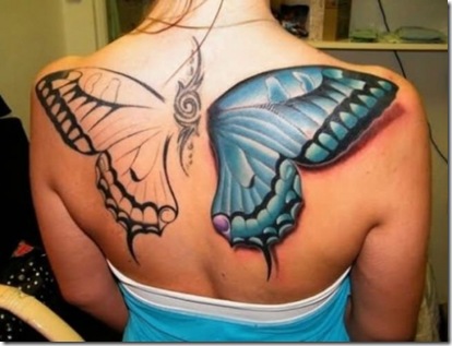 Unique 3D Butterfly Wings Tattoo On Girl Upper Back