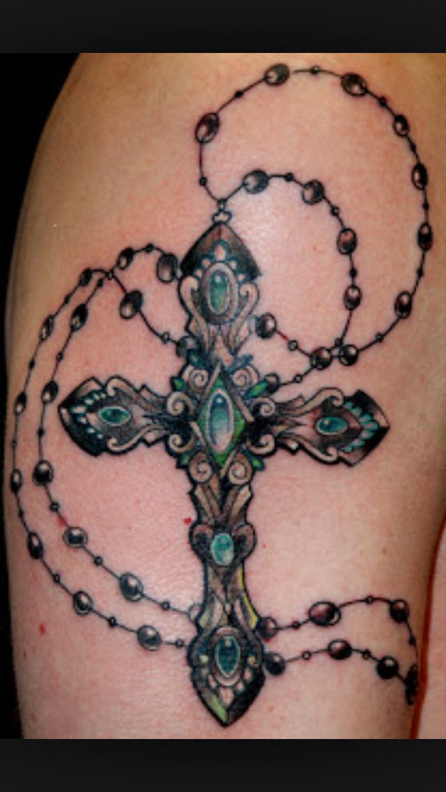 Unique 3D Rosary Cross Tattoo Design For Shoulder