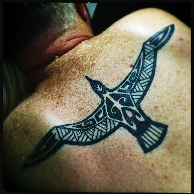 Unique Black Albatross Tattoo On Man Upper Back