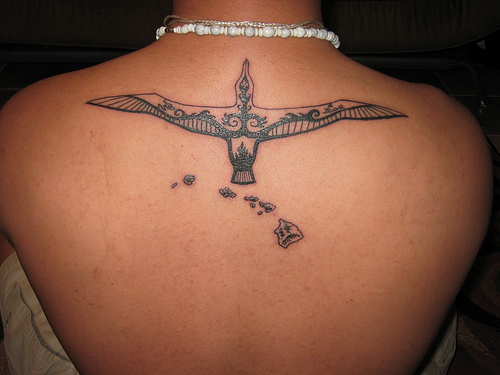 Unique Black Albatross Tattoo On Upper Back