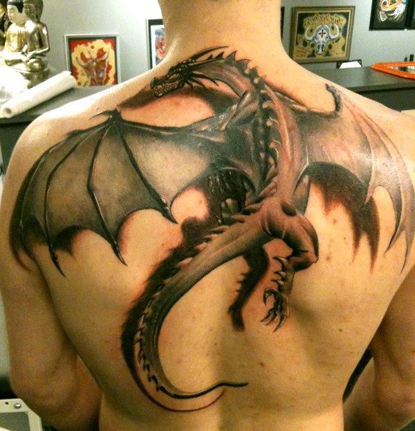 Upper Back 3D Dragon Tattoos For Men