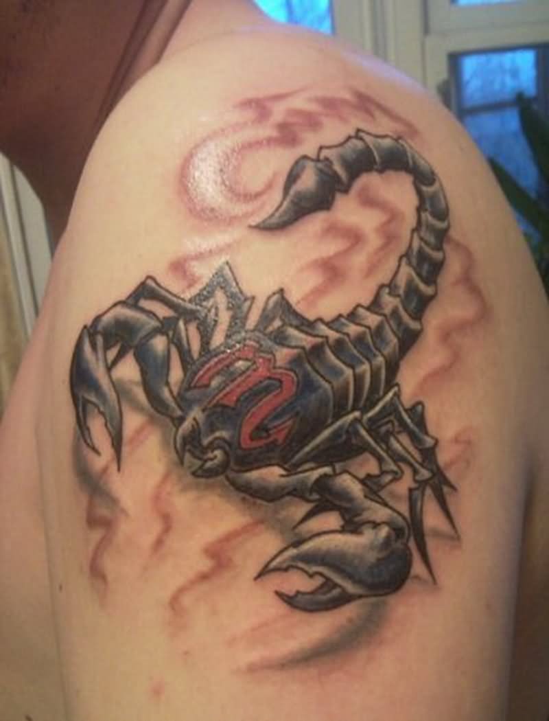 Virgo Symbol With Scorpion Tattoo On Man Left Shoulder