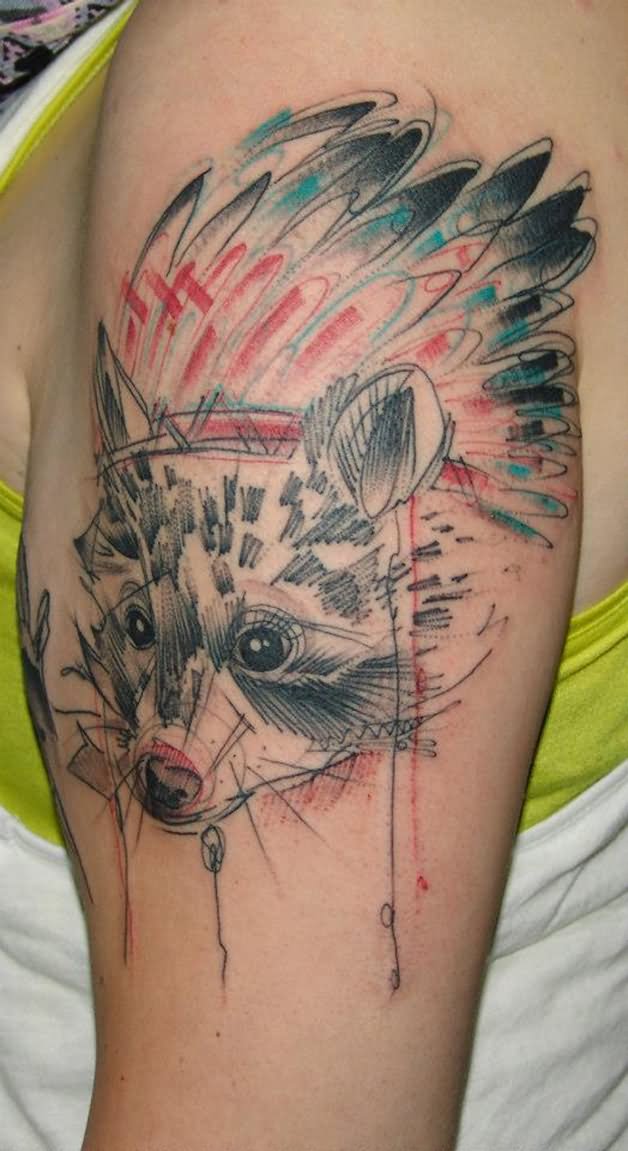 Watercolor Raccoon Tattoo On Left Half Sleeve