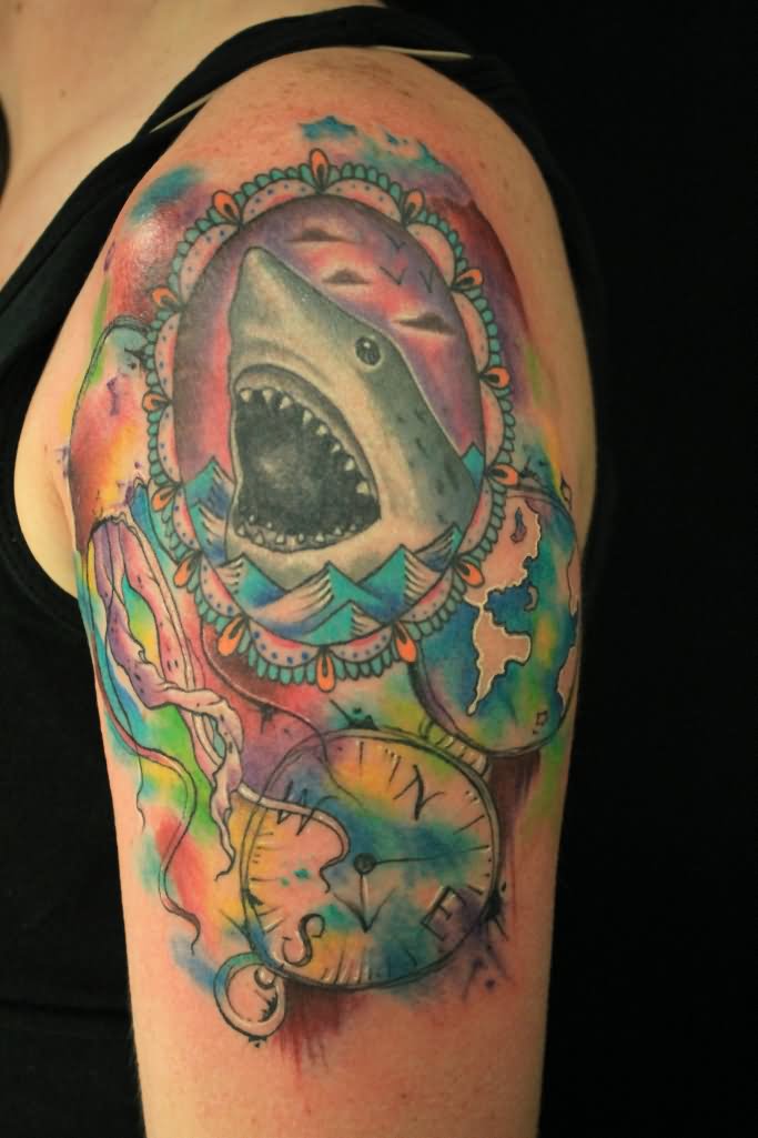 Watercolor Shark In Frame With Compass Tattoo On Left Shoulder