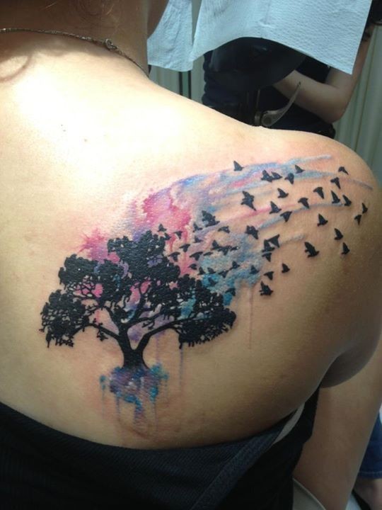 Watercolor Tree With Flying Birds Tattoo On Girl Right Back Shoulder