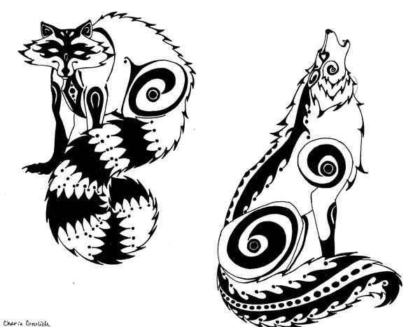 Wolf And Raccoon Tattoo Designs by Senadragontooth