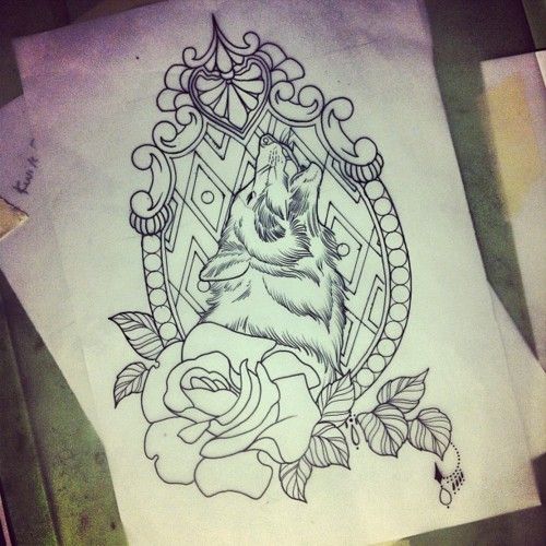 Wolf Head In Frame With Rose Tattoo Design