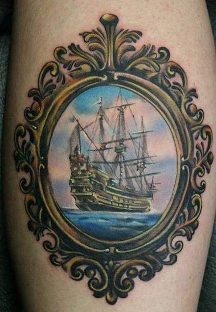 Wonderful Ship In Frame Tattoo Design For Thigh