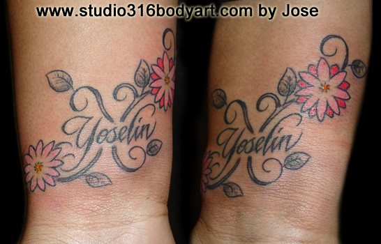 Yoselin Name And Flower Wrist Tattoo