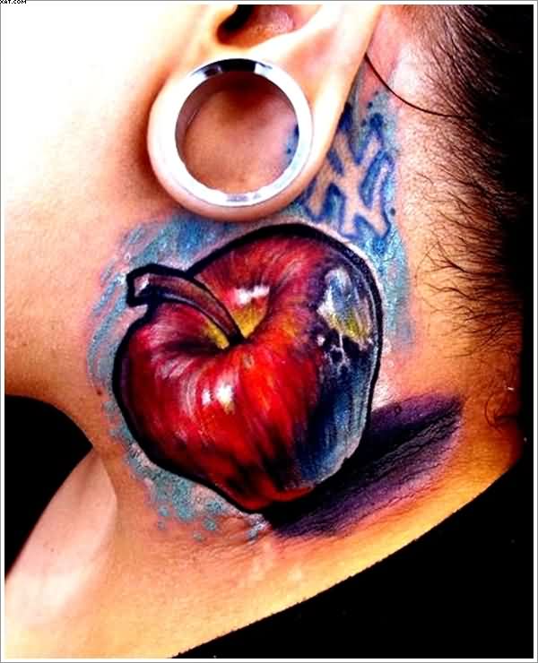 3D Apple Tattoo On Side Neck