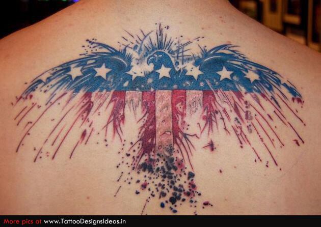 Amazing American Flag In Eagle Tattoo Design For Upper Back