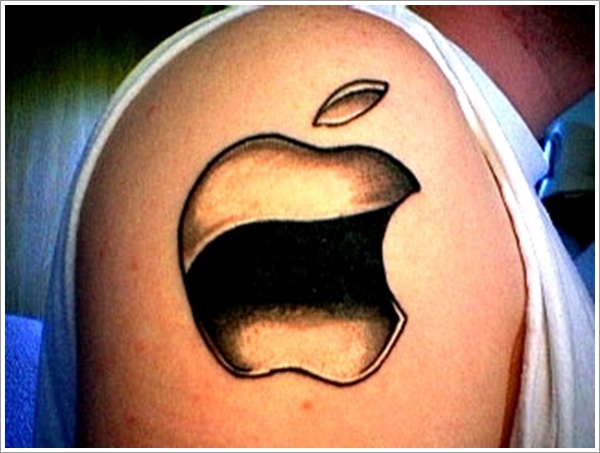 Amazing Black Apple Logo Tattoo On Shoulder