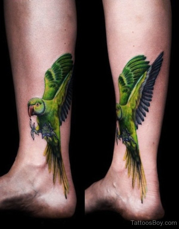 Amazing Flying Parrot Tattoo On Leg
