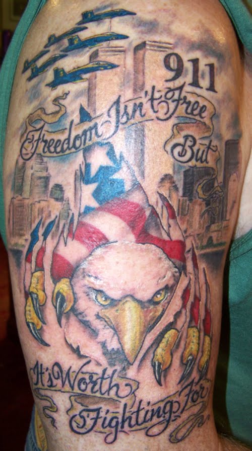 Amazing Ripped Skin American Flag And Eagle With Banner Tattoo On Right Half Sleeve