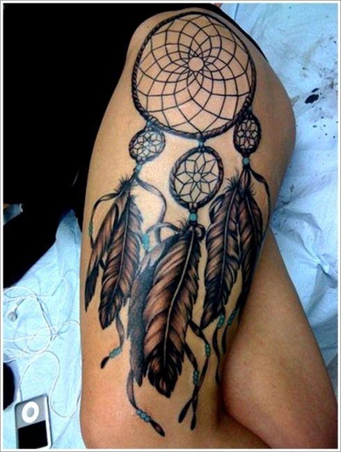 American Dreamcatcher Tattoo On Side Thigh