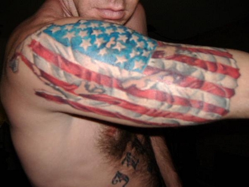 American Flag Tattoo On Man Right Half Sleeve