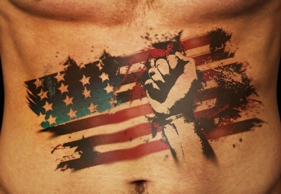 American Flag Tattoo On Man Stomach