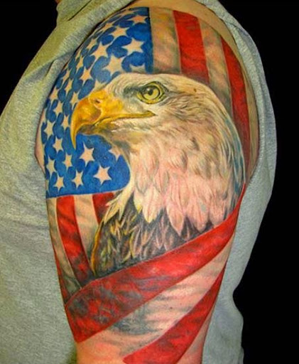 American Flag With Eagle Head Tattoo On Left Half Sleeve