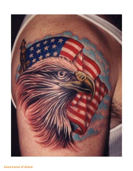 American Flag With Eagle Head Tattoo On Man Right Shoulder