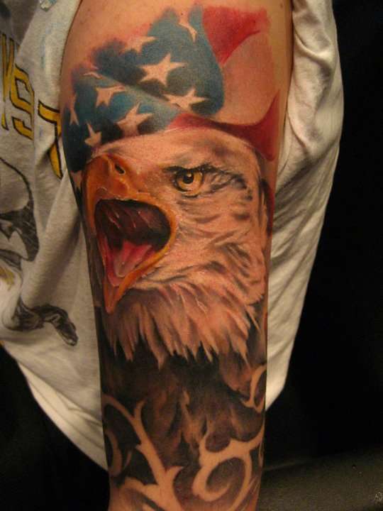 American Flag With Eagle Tattoo On Half Sleeve