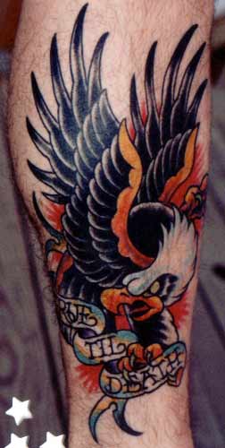 American Flying Eagle With Banner Tattoo Design For Leg
