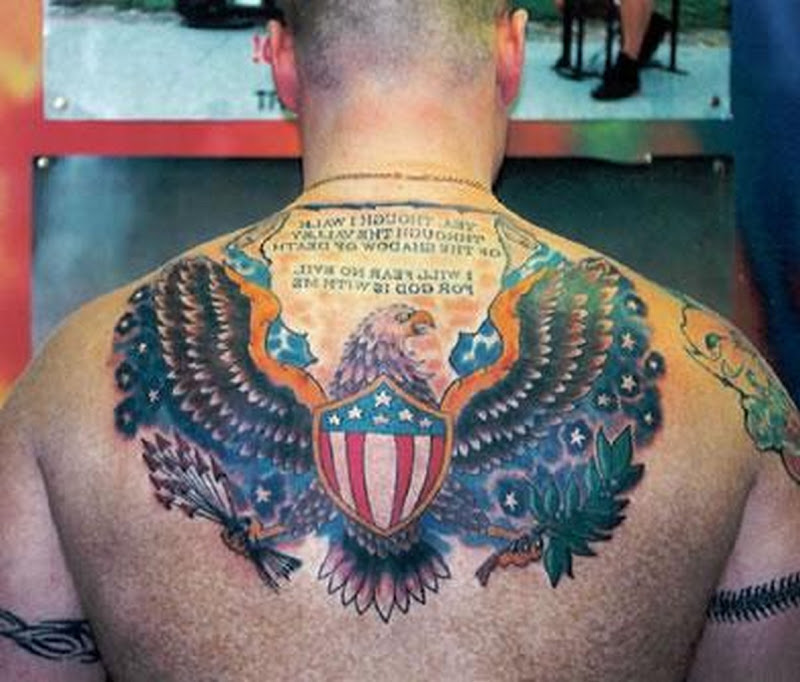 American Symbol Tattoo On Man Upper Back