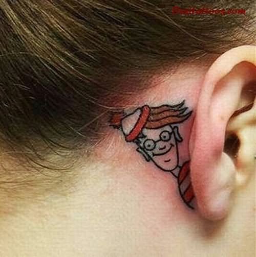 Animated Cartoon Tattoo On Behind The Ear