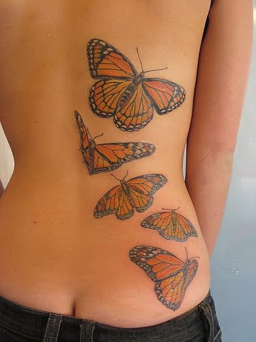 Animated Five Butterflies Tattoo On Back