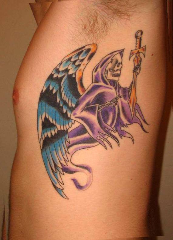 Animated Ghost With Wings Tattoo On Man Side Rib