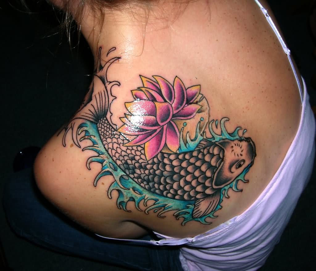 Animated Koi Fish With Lotus Tattoo On Left Back Shoulder