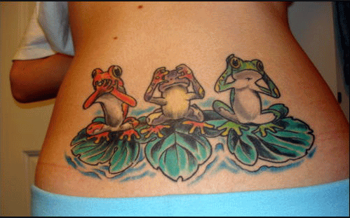 Animated Mizaru Three Frog Tattoo On Lower Back