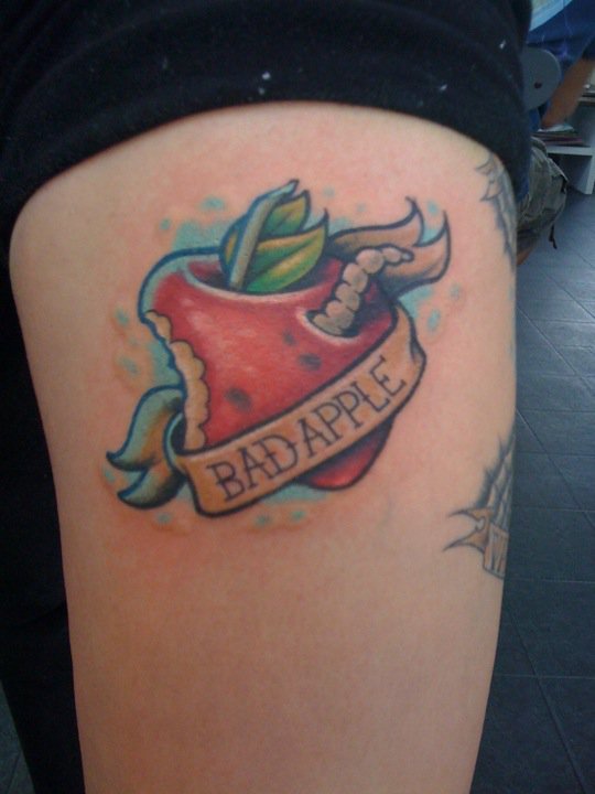 Apple Bite With Banner Tattoo Design For Half Sleeve