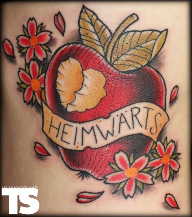 Apple Bite With Flowers And Banner Tattoo Design
