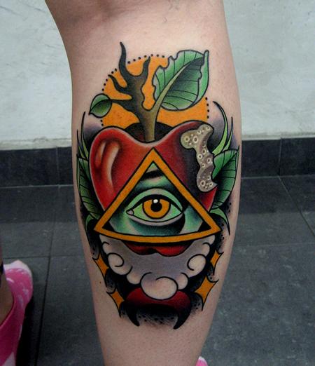 Apple Bite With Illuminati Eye Tattoo On Leg Calf