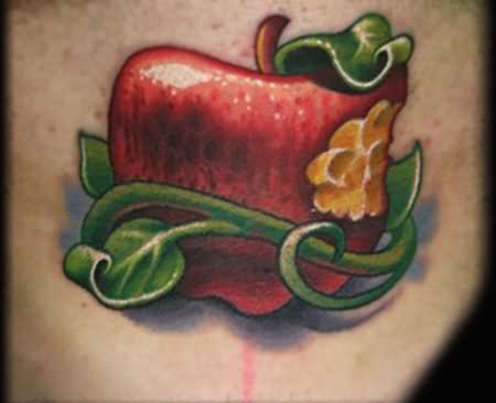Apple Bite With Leaves Tattoo Design
