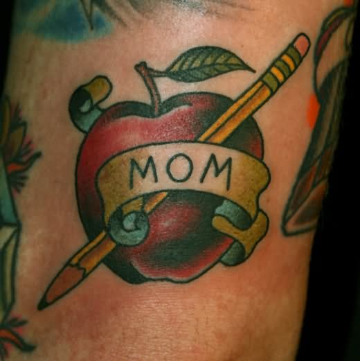 Apple With Pencil And Mom Banner Tattoo Design