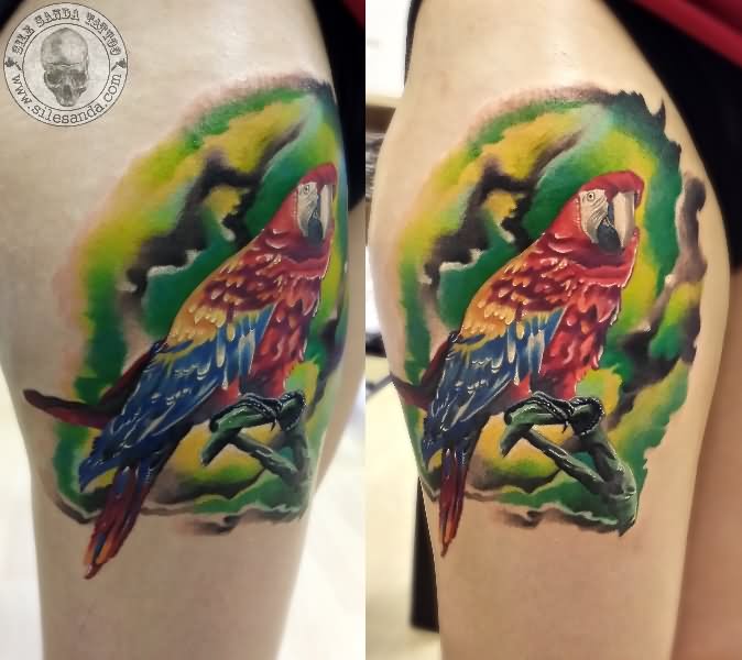Awesome Colorful Parrot Tattoo On Thigh